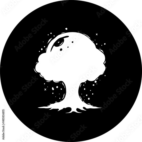 Stylized arboreal graphic within a black circle, evoking mystical vibes and natural themes