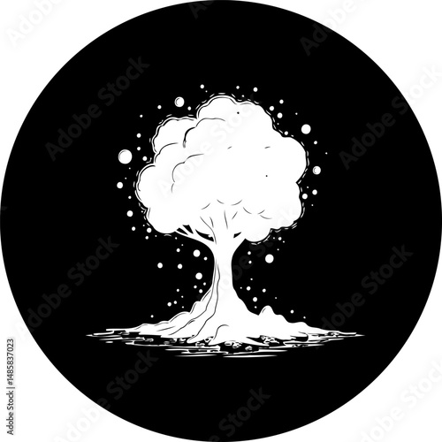 Monochromatic arboreal silhouette surrounded by shimmering starlight effect