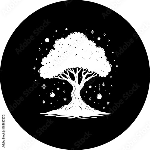 Mystical arboreal silhouette amidst a celestial array, radiating ethereal charm