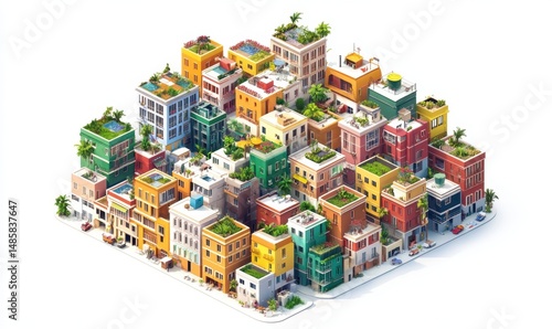 Colorful isometric city with rooftop gardens,  illustrative architectural design, urban planning