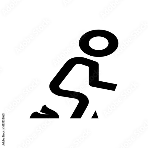 Silhouette of a person squatting with a pile of feces visible, depicted in a minimalist black and white style