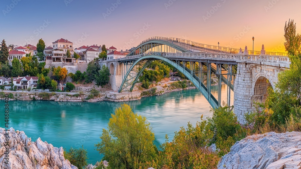 Obraz premium Panoramic view of a historical bridge over a turquoise river.