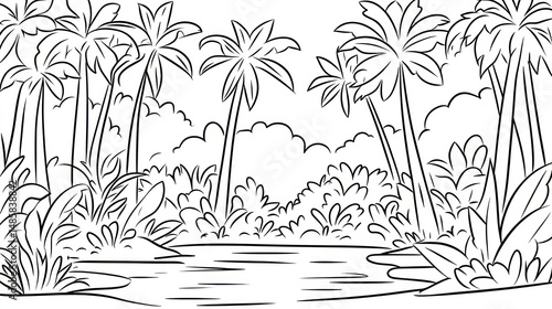 Fototapeta Naklejka Na Ścianę i Meble -  Jungle scene, black and white, tranquil, nature background, perfect for children's books, educational resources