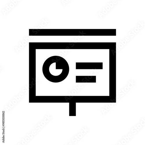 Presentation board with pie chart and horizontal bars in black outline on a white background display board
