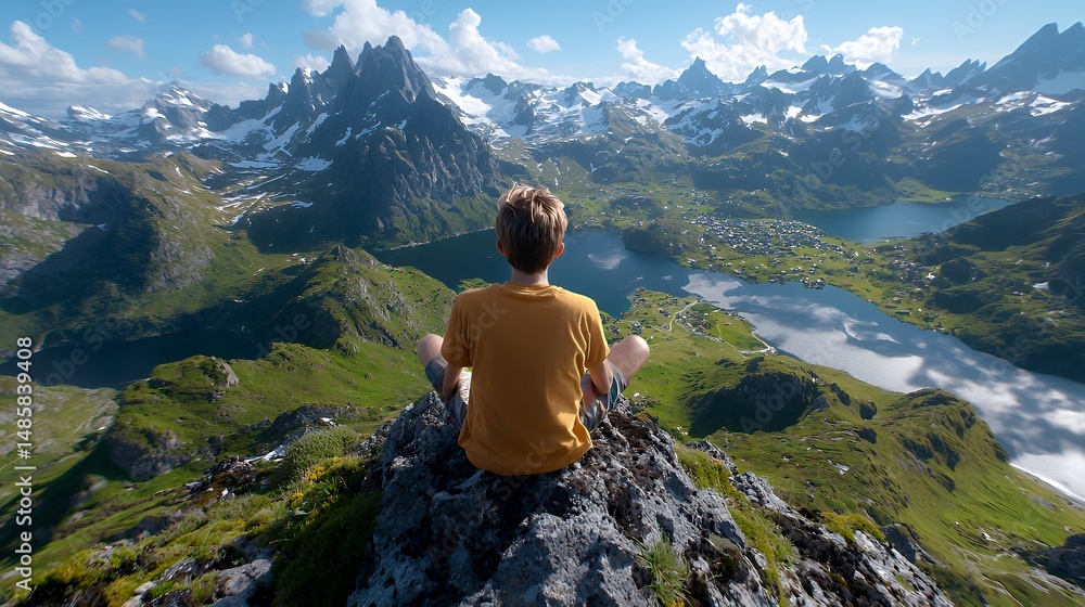 Naklejka premium Boy Sitting Overlooking Mountains and Lake