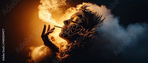 Smoker amidst swirling smoke, mystical glowing details on profile view portrait