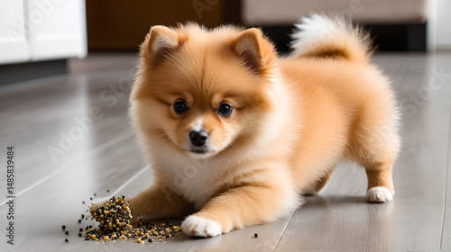 Adorable Pomeranian Puppy Playing with Spilled Vanilla Bean Pod on Floor
