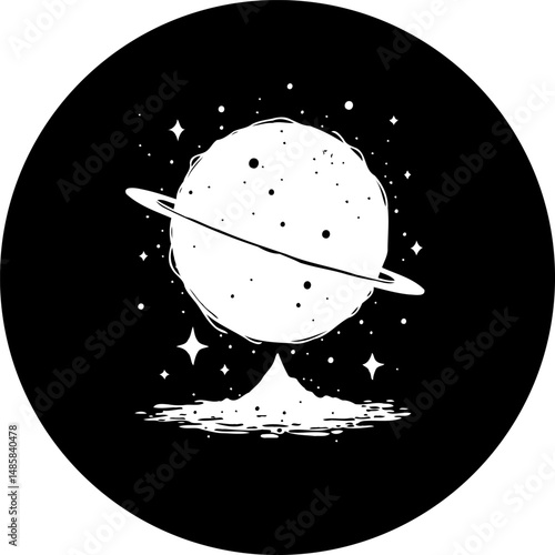 Monochromatic depiction of a ringed celestial body above a cosmic formation