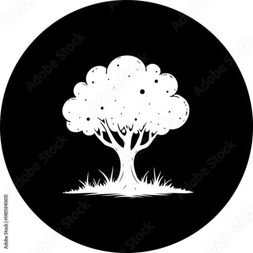 Monochrome arboreal silhouette set against a solid black spherical canvas