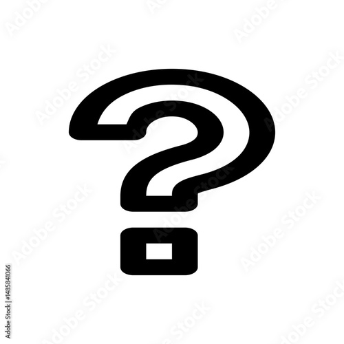 Illustration of a bold black question mark symbol on a white background with a square dot below it