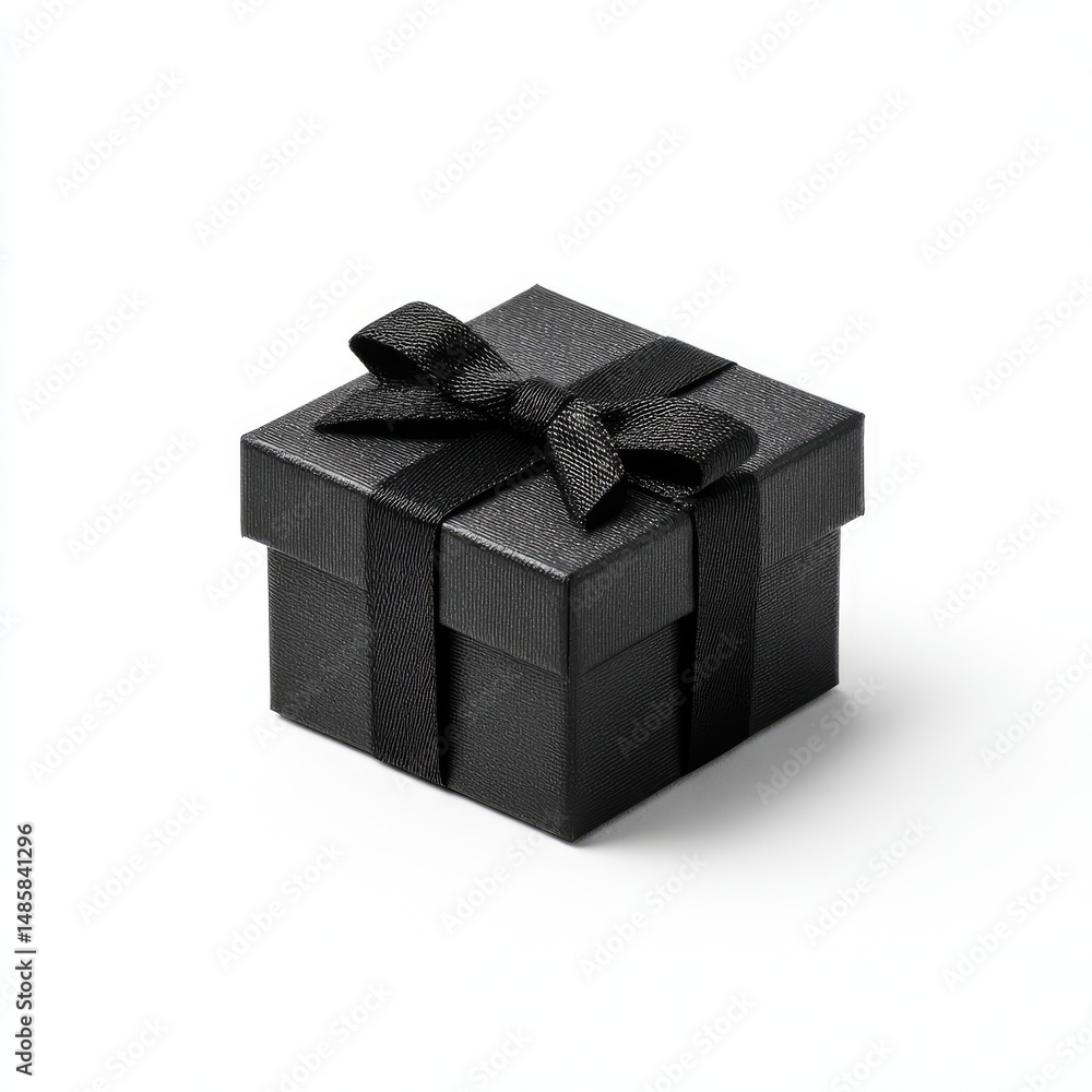 Small square black gift box with a black ribbon bow Small square black gift box with a black ribbon bow