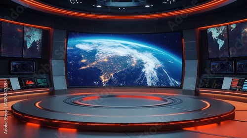 Fototapeta Naklejka Na Ścianę i Meble -  Futuristic control room with a large curved screen displaying Earth from space, surrounded by multiple smaller digital monitors and ambient red lighting