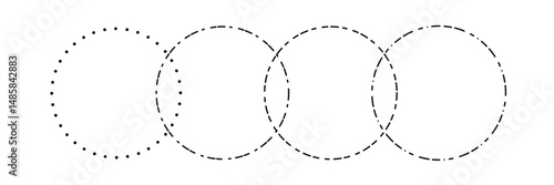 Venn diagram blank merge four dash line and dotted line circles chart infographic sign. 4 cross circles for data statistics presentation. Line art vector empty venn diagram illustration.