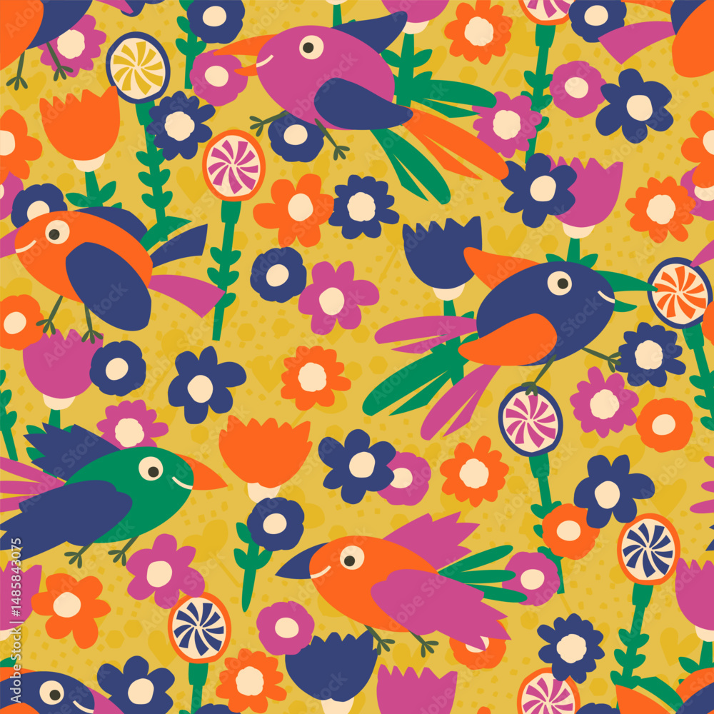 Obraz premium Tropical Rain Forest colourful Birds Flowers bold retro yellow girls jungle vibrant yellow orange