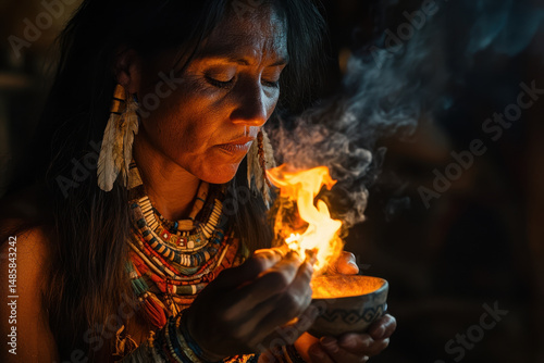 Woman holding a lit candle.