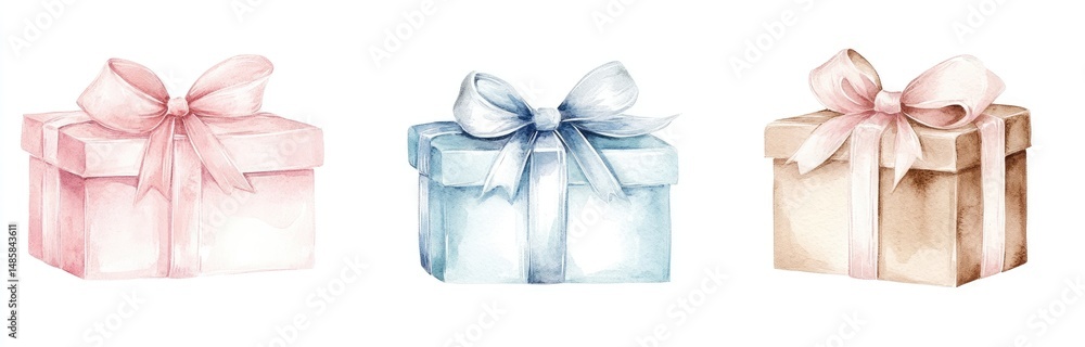 Obraz premium Three pastel-colored gift boxes with ribbons (2)