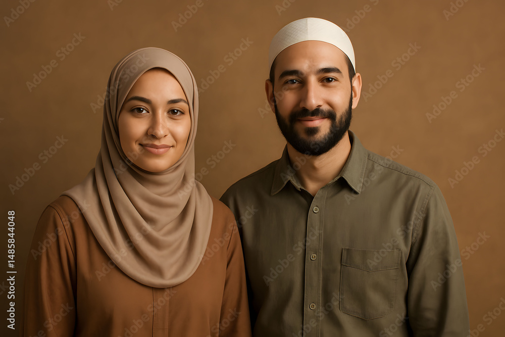 muslim couple smiling together in traditional attire against brown background for diversity, modern religion, cultural identity and relationship imagery in social, editorial and educational content muslim couple smiling together in traditional attire against brown background for diversity, modern religion, cultural identity and relationship imagery in social, editorial and educational content