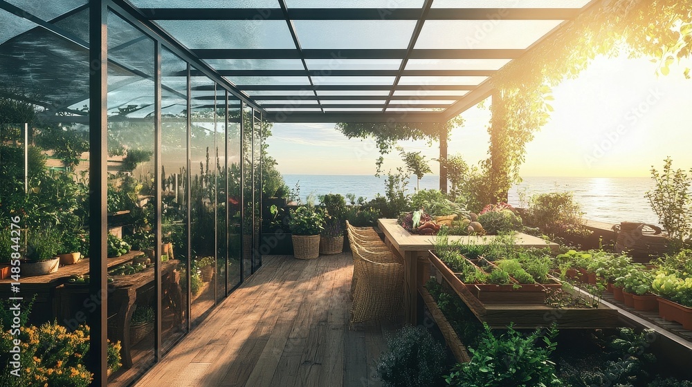 Fototapeta premium coastal greenhouse garden at sunset