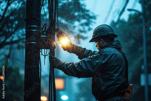 Man works on telephone pole in rainstorm.