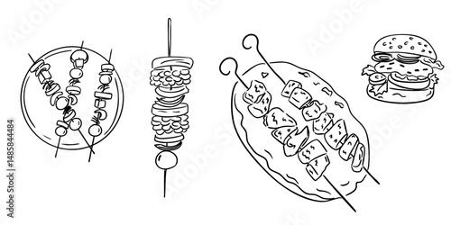 Hand drawn vector illustration of barbecue food including skewers and burger. Concept of grilled meal, picnic, summer cookout and outdoor party