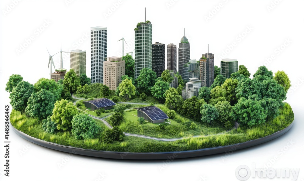 Fototapeta premium Eco-friendly city skyline, green energy, sustainable future, environmental concept