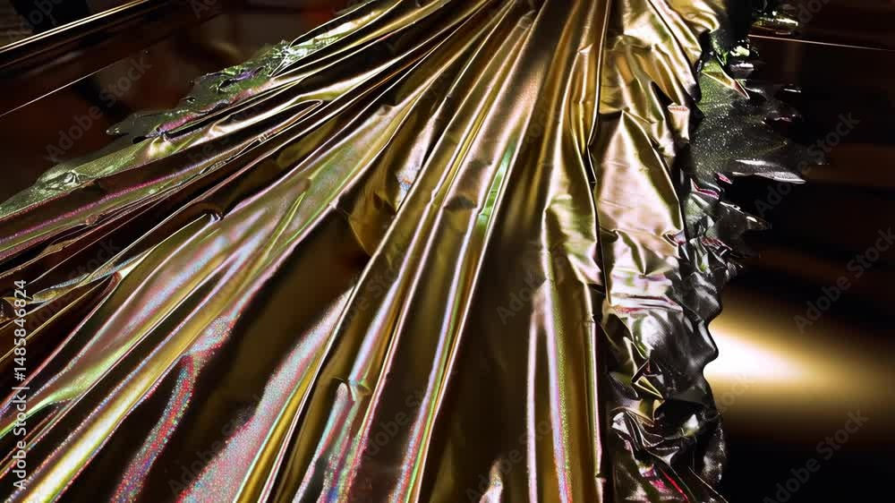 Shimmering golden fabric with iridescent reflections and undulating folds on a solid gold surface catching the light