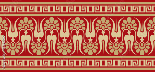Vector gold and red classic seamless european national ornament. Ethnic pattern of the Romanesque peoples. Border, frame of ancient greece, roman empire.