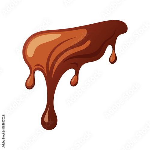 Liquid chocolate flows down vector illustration. Dripping sweet cocoa syrup, glossy dark brown dessert element for design.

