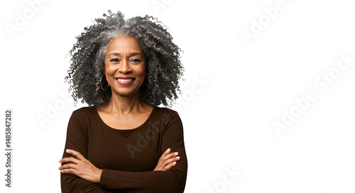 black and white Portrait of a smiling senior African American woman with arms crossed, isolated on transparent background	