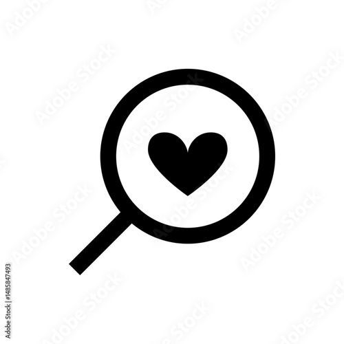 Magnifying glass focusing on a black heart shape representing love and search for affection and romance icon