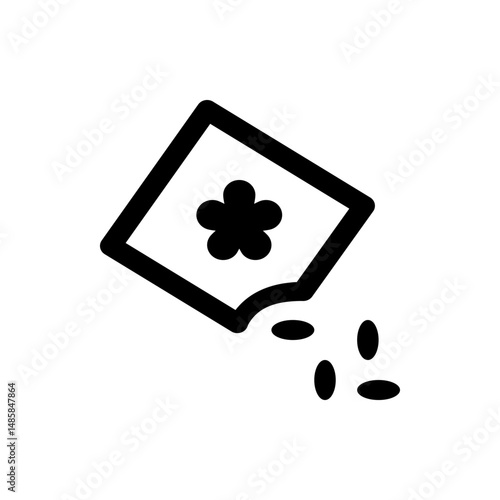 Illustration of a seed packet with a flower design spilling seeds, isolated on a white background plain design