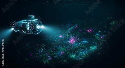 Exploring Deep Sea with Submersible Near Vibrant Coral Reef