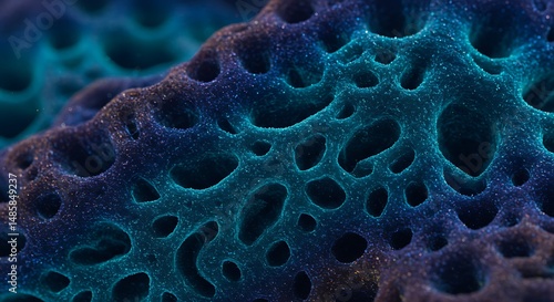 Abstract Porous Surface with Turquoise and Purple Tones