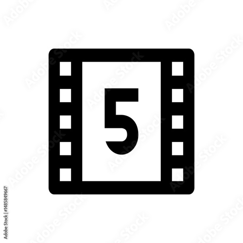 Illustration of a film strip with sprocket holes and the large number five displayed in the center frame area