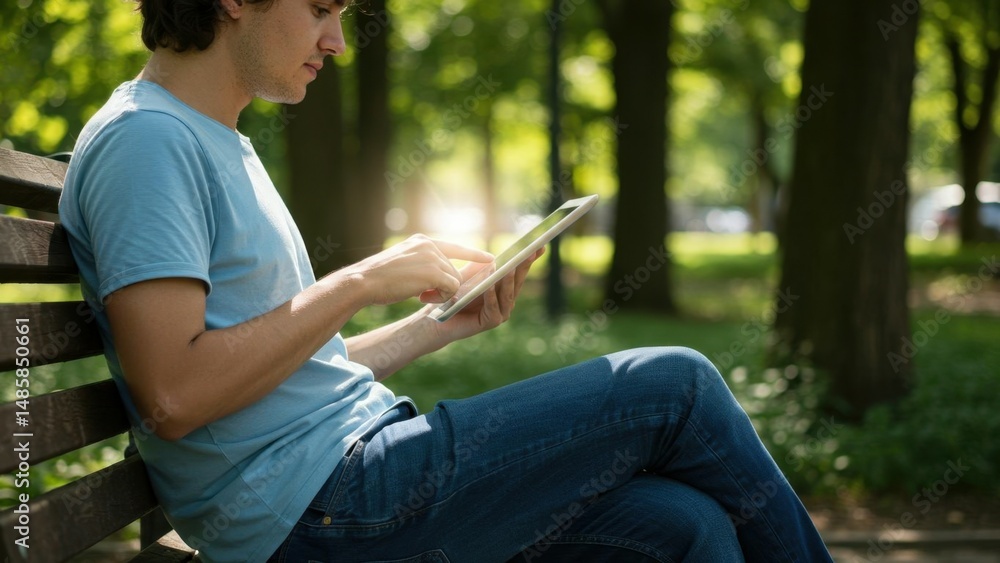 Man uses tablet on park bench Man uses tablet on park bench