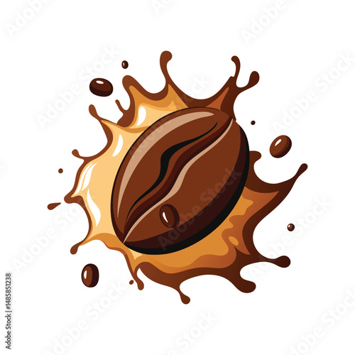 Coffee bean colliding with chocolate splash vector illustration. Roasted coffee beans with liquid chocolate swirl splash effect.


