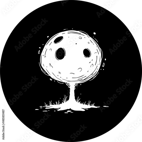 Surreal monochrome tree graphic with cosmic orb foliage in circular frame