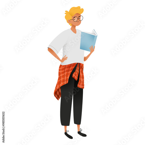 Happy guy reading character