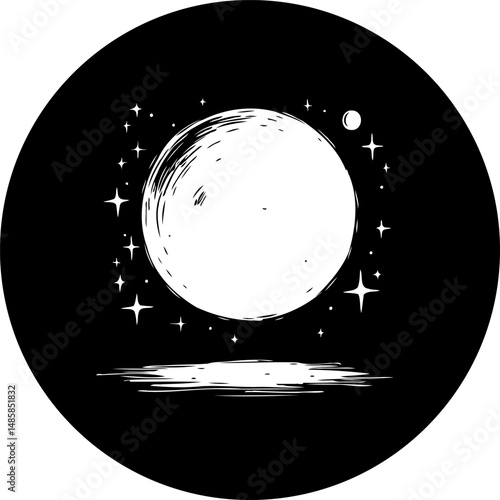 Ethereal lunar scene surrounded by twinkling starlight within a circular frame