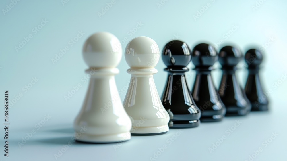 A chess board with a white background and a row of black pawns in front of a white pawn A chess board with a white background and a row of black pawns in front of a white pawn