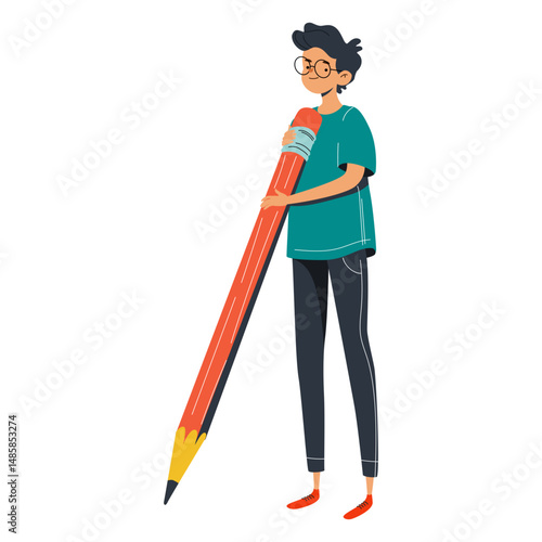 Boy with big red pencil character