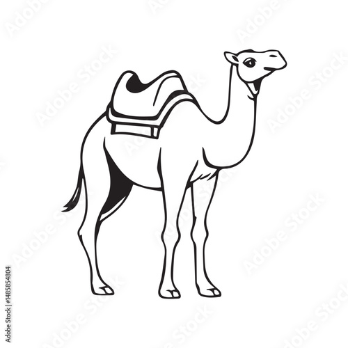 Black and white illustration of a camel in the desert