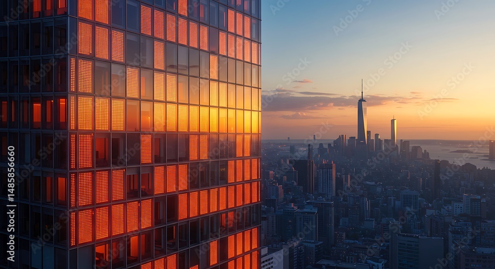 Fototapeta premium City Skyline at Sunset with Warm Light Reflecting on Building Windows
