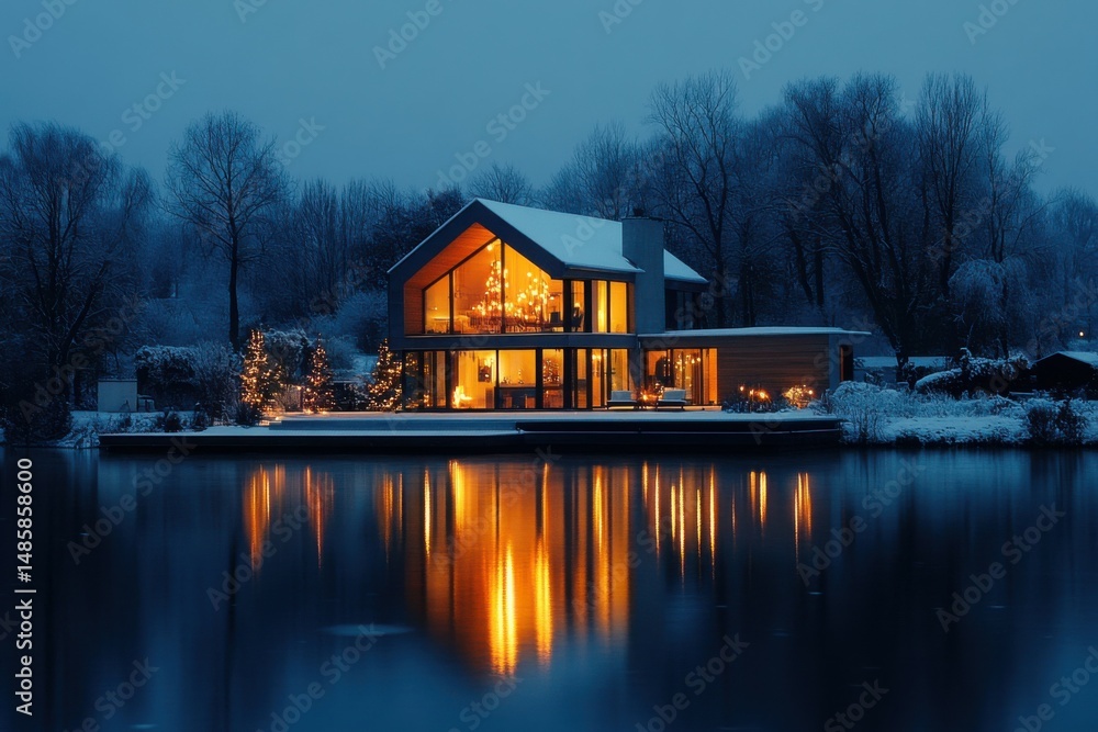 Obraz premium Snowy Lakeside House at Dusk