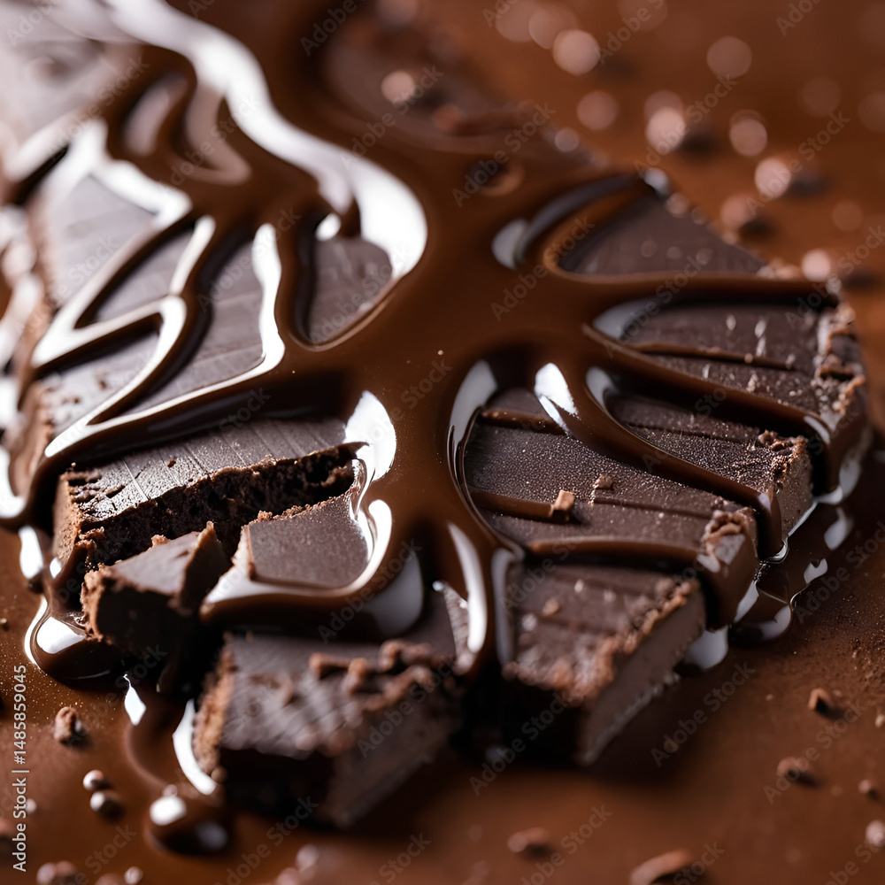 melted dark chocolate flows closeup, shallow focus melted dark chocolate flows closeup, shallow focus