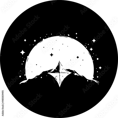 Mystical mountains silhouette against celestial moon and stars in monochrome