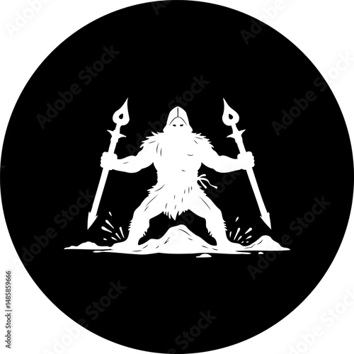 Mystical Creature Emblem: White Silhouette of a Furry Being with Spears in a Circular Frame