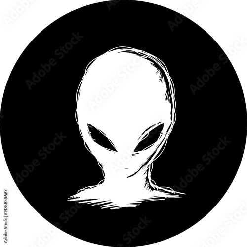 Stylized extraterrestrial visage on dark orb evokes mystery and intrigue
