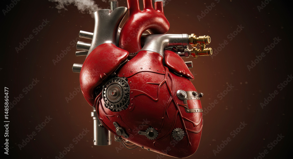 Fototapeta premium Steampunk Heart Mechanical Gears Anatomy Red Organic Futuristic