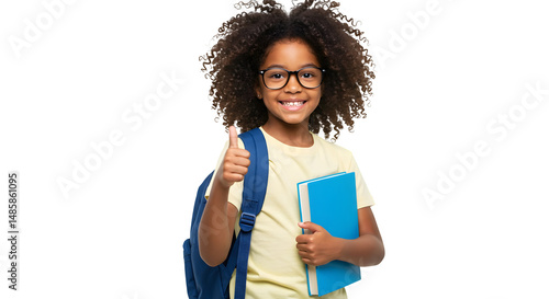 Smiling young kid girl black male afro hair student holding a book and showing thumb up sign, isolated on transparent background